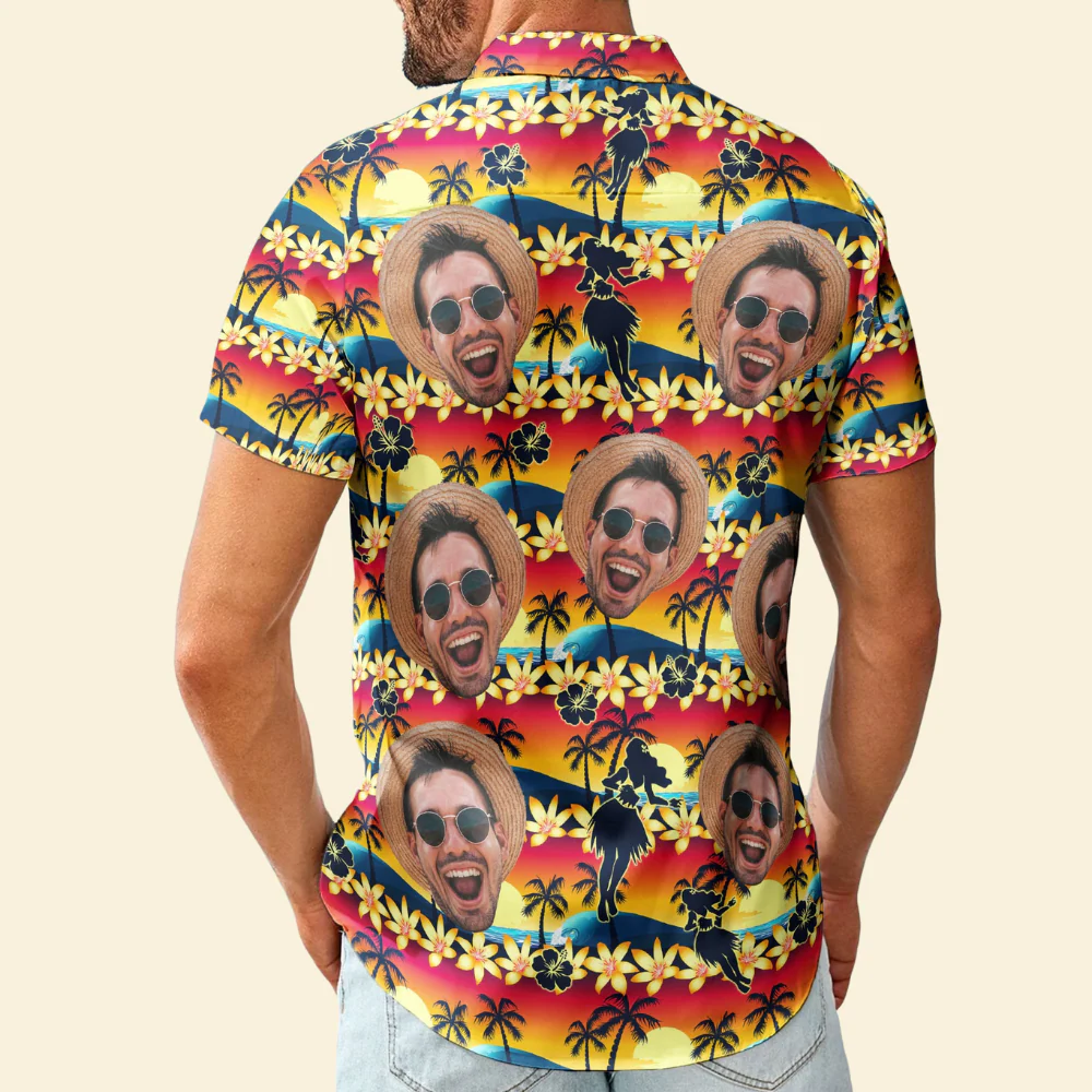 Custom Photo Tropical Beach Sence Hula Dance Sunset - Personalized Hawaiian Shirt - Image 2