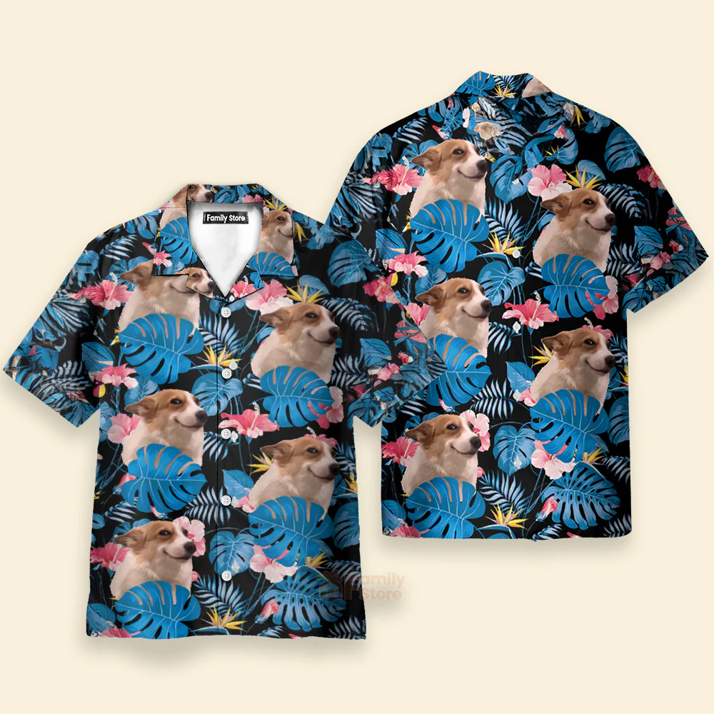 Custom Photo Tropical Leaf With Funny Corgi Dog - Hawaiian Shirt - Image 4