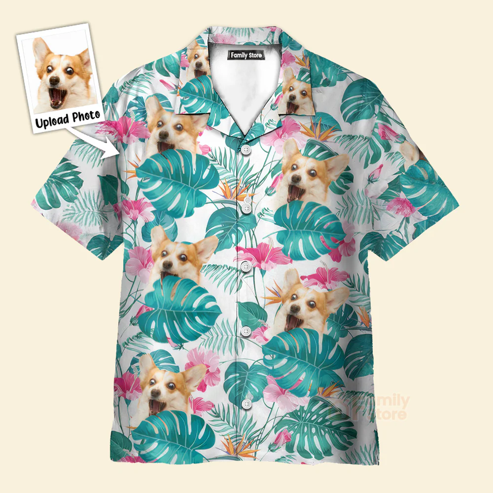 Custom Photo Tropical Leaf With Funny Dog - Hawaiian Shirt - Image 2