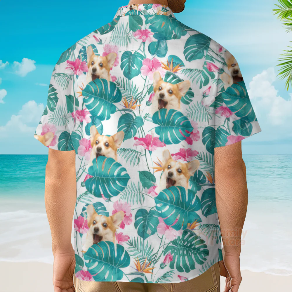 Custom Photo Tropical Leaf With Funny Dog - Hawaiian Shirt - Image 3
