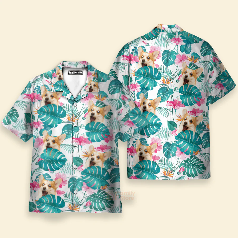 Custom Photo Tropical Leaf With Funny Dog - Hawaiian Shirt - Image 4