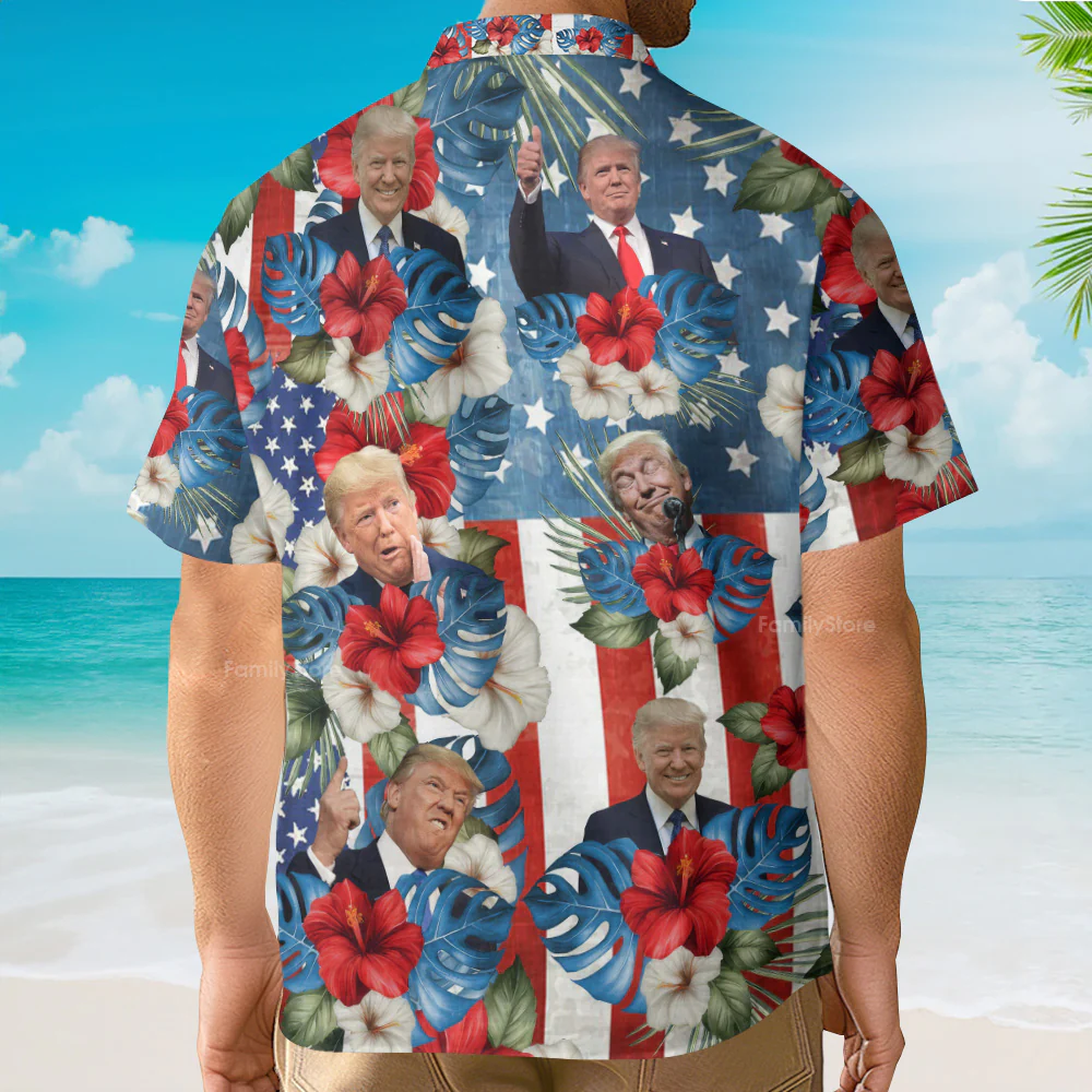 Custom Photo Trump American Flag Tropical Independence Day Hawaii Shirt - Image 4