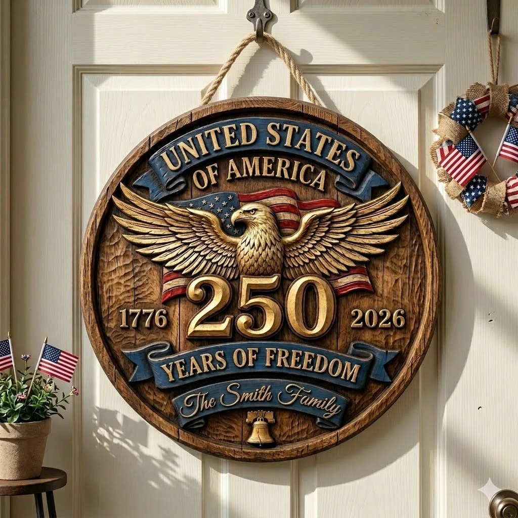 Custom Wood Sign - Personalized America 250th Anniversary Gifts For Mom, Dad, Brother, Sister, Kids - Family Forever United