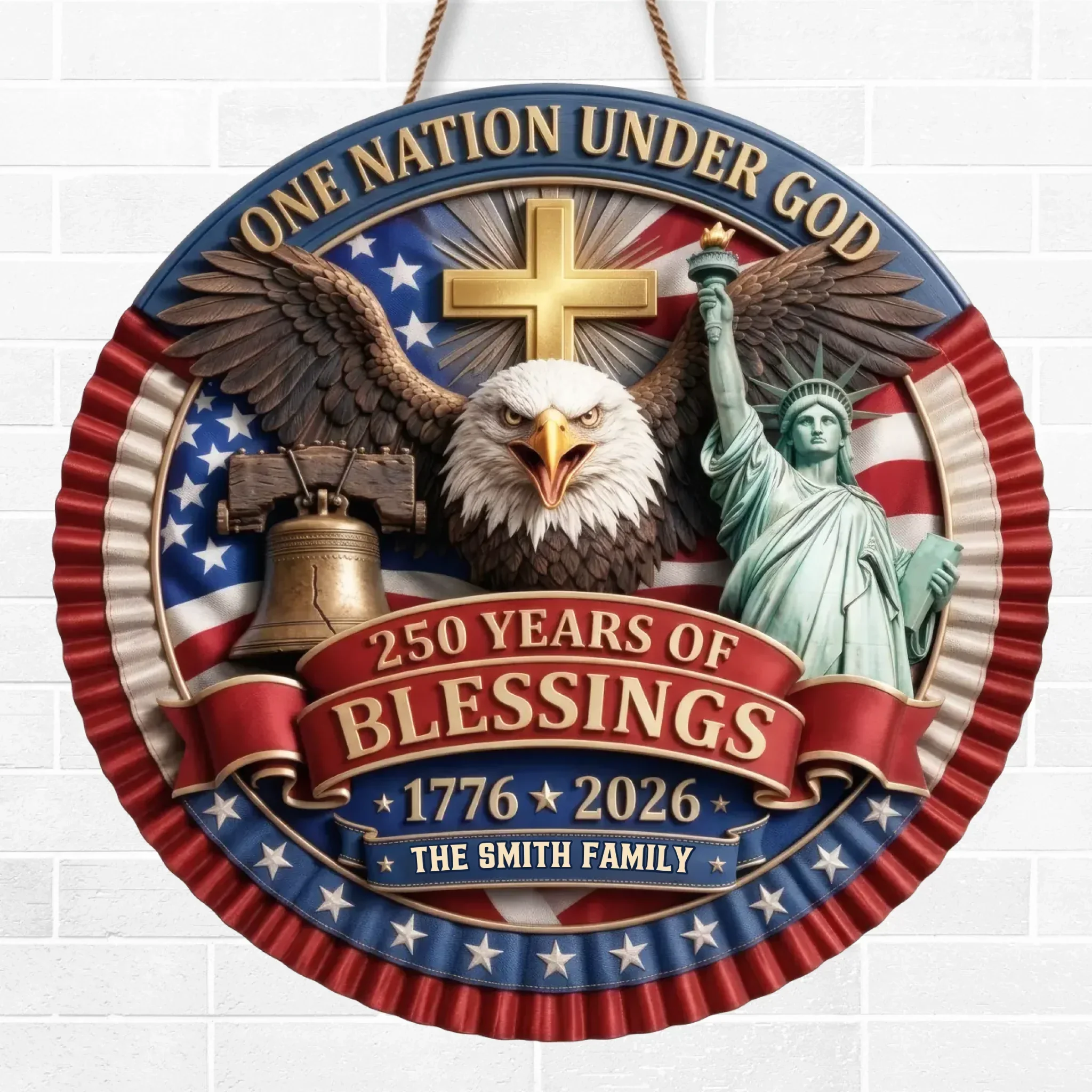 Custom Wood Sign - Personalized America 250th Anniversary Gifts For Mom, Dad, Brother, Sister, Kids - One Nation Under God - Image 2