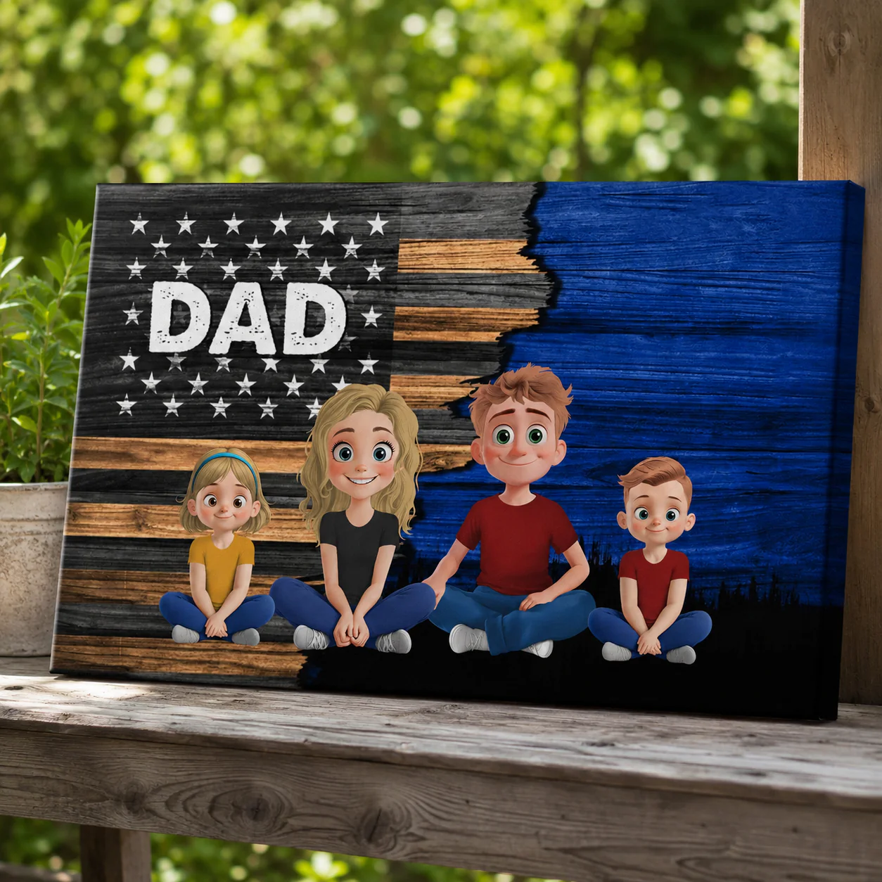 Dad Grandpa Papa Back View Sitting With Kids American Flag - Personalized Poster Canvas - Gift For Dad