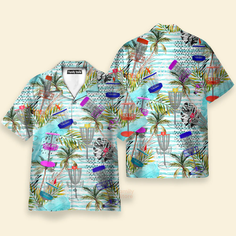 Disc Golf Tropical Palm Trees Pattern Aloha Hawaiian Shirts For Men, Women - Image 3