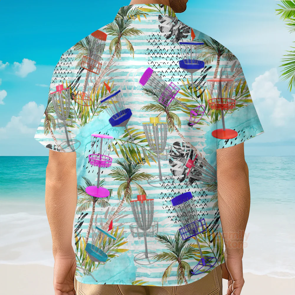Disc Golf Tropical Palm Trees Pattern Aloha Hawaiian Shirts For Men, Women - Image 5