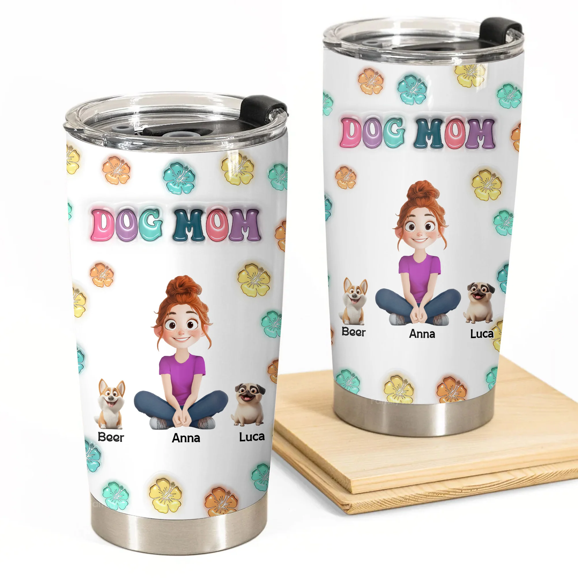 Dog Mom Floral 3D Inflated Effect Cartoon Dog - Personalized Tumbler Cup - Gift for Pet Owners, Pet Lovers, Dog Mom | CLP15 NH96