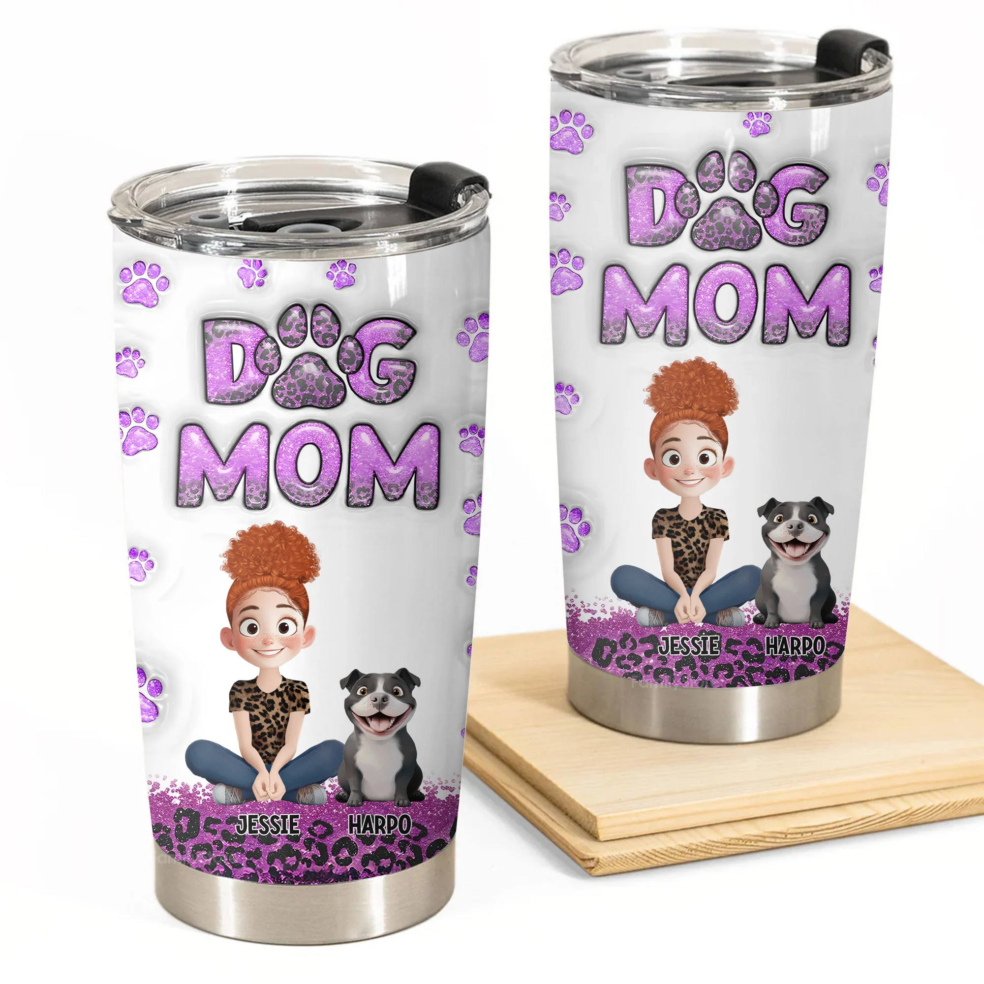 Dog Mom Purple Leopard 3D Inflated Effect Cartoon Dog - Personalized Tumbler Cup - Gift for Pet Owners, Pet Lovers, Dog Mom | CLP15 NH96