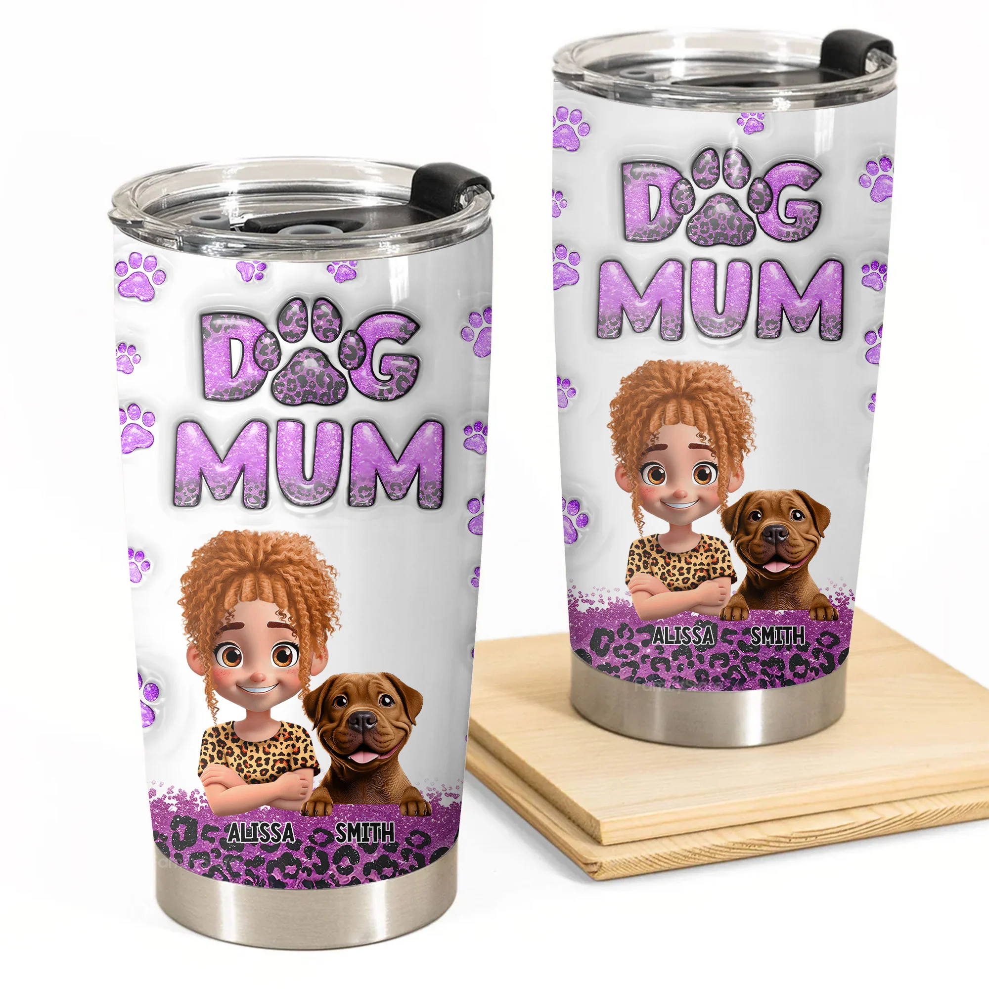 Dog Mom Purple Leopard 3D Inflated Effect Cartoon Dog - Personalized Tumbler Cup - Gift for Pet Owners, Pet Lovers, Dog Mom | CLP16 NH96