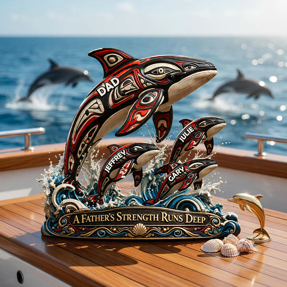 Dolphin Dad Indigenous - Personalized Shape Acrylic Plaque - Gift For Dad, Grandpa - Image 2