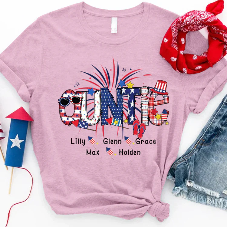 Doodle 4th Of July Auntie And Grandkid - Personalized Shirt - Patriotic Gift For Mom, Grandma