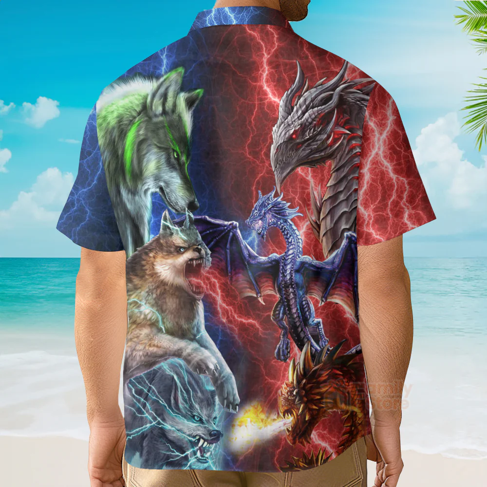 Fantasy Gothi Dragon Vs Wolves Hawaiian Shirt - Image 4