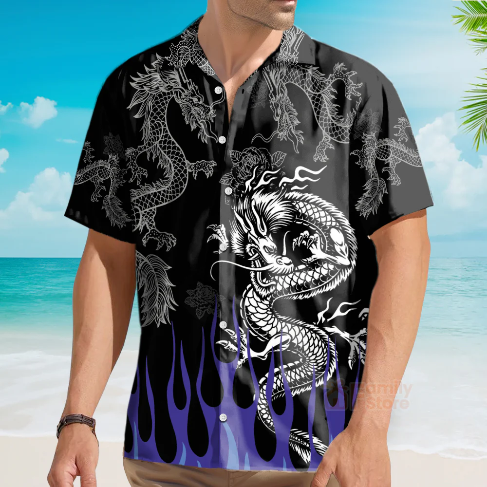 Tribal Tattoo Dragon With Blue Flame Hawaiian Shirt - Image 3