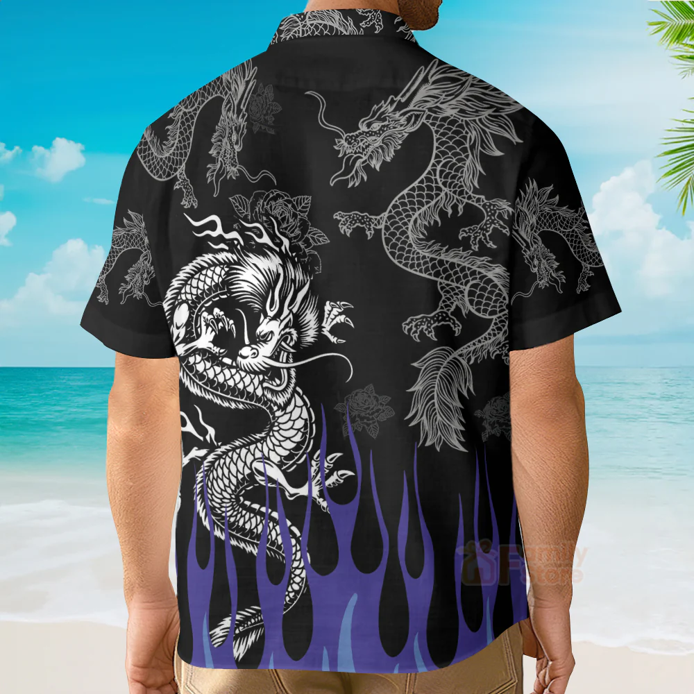 Tribal Tattoo Dragon With Blue Flame Hawaiian Shirt - Image 4
