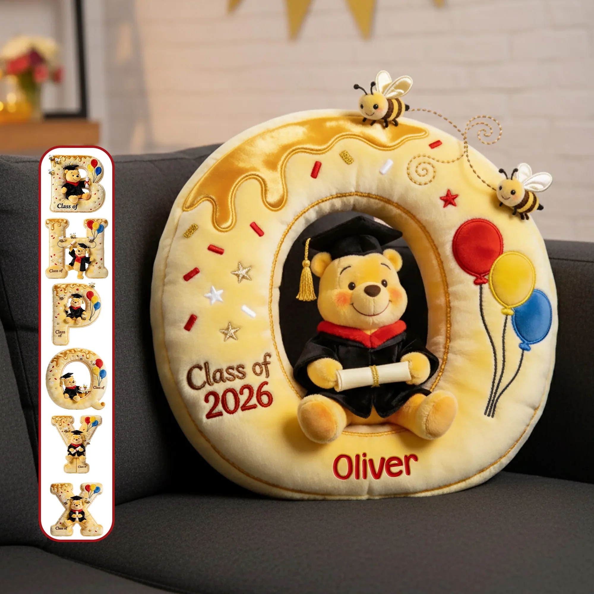 DSNY Honey Bear Class Of 2026 - Personalized Initials Letter Pillow - Gift For Graduation