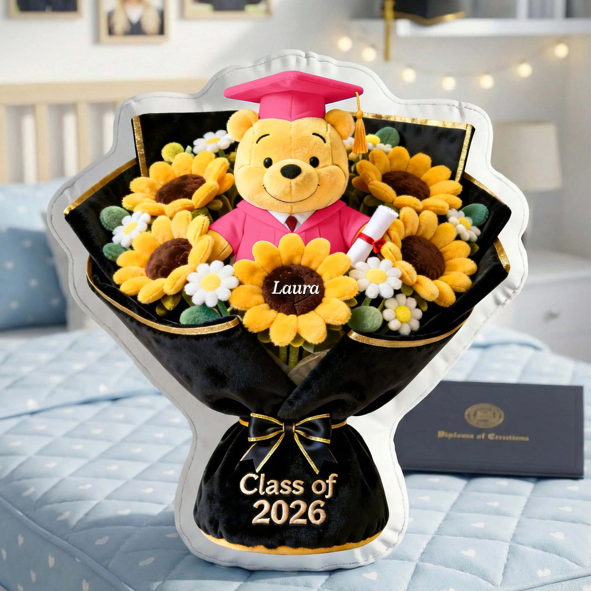DSNY Honey Bear Class Of 2026 - Sunflower Bouquet - Personalized Custom Shaped Pillow - Gifts For Graduation, Fan Movies HH01 - Image 3
