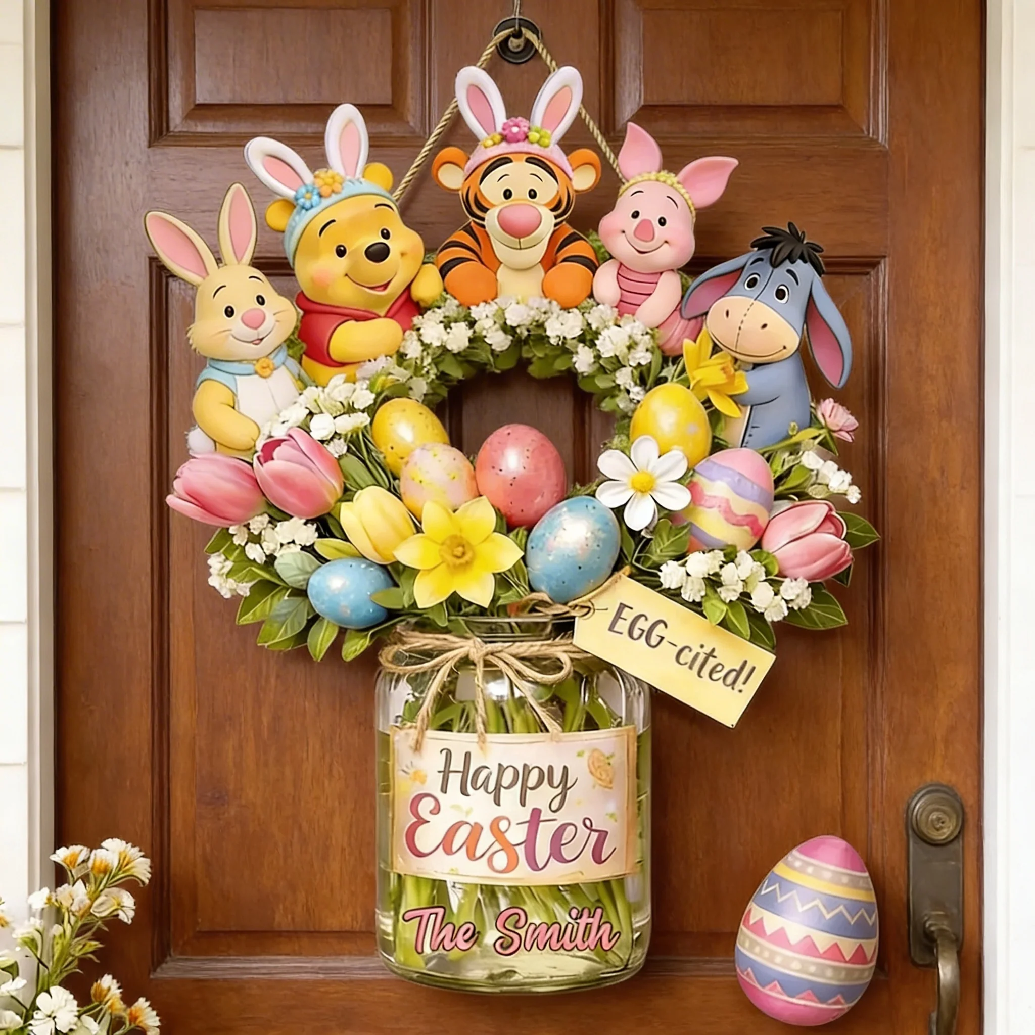 DSNY Honey Bear Happy Easter Family Wreath - Personalized Custom Shaped Wood Sign - Gift For Family, Easter's Day NL122