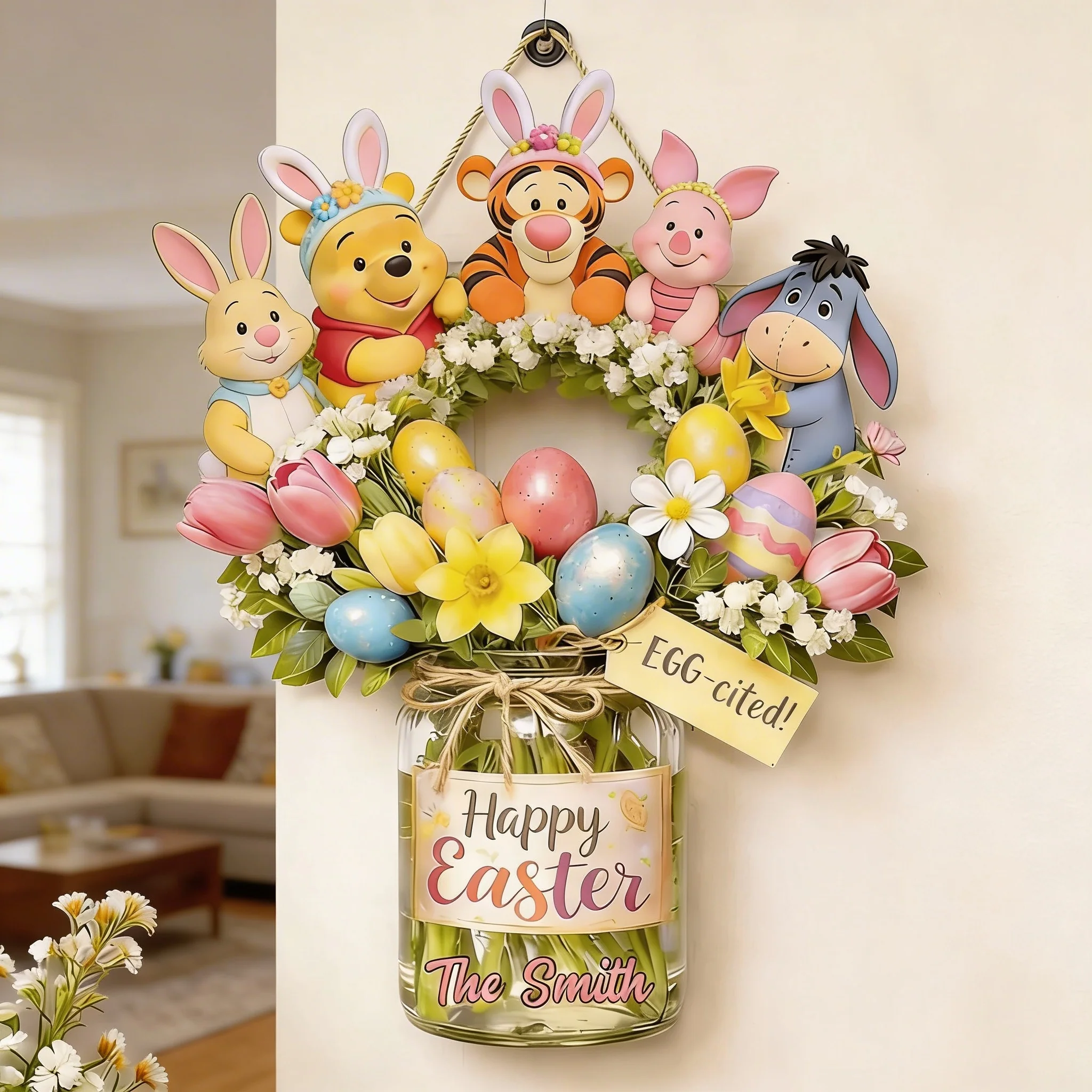 DSNY Honey Bear Happy Easter Family Wreath - Personalized Custom Shaped Wood Sign - Gift For Family, Easter's Day NL122 - Image 3