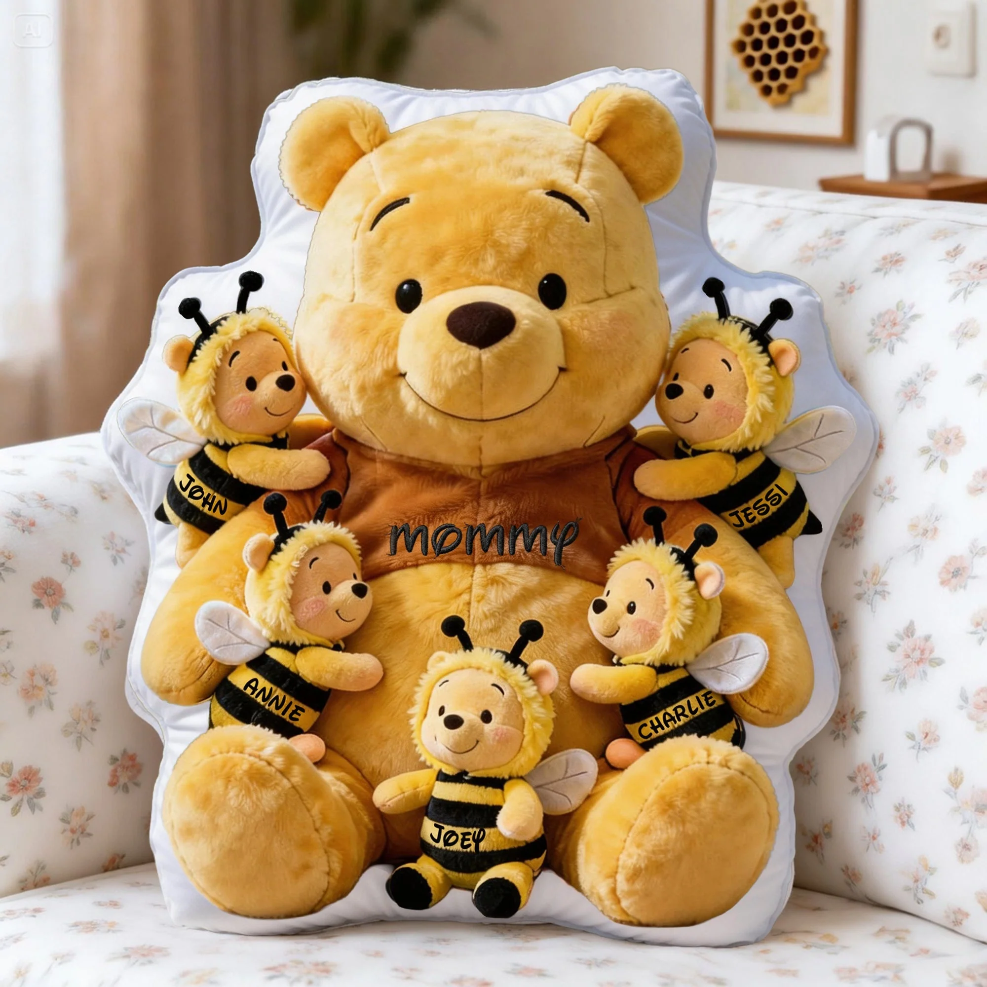 DSNY Honey Bear Mama With Kids Bee - Personalized Custom Shaped Pillow - Gift For Mom NL122