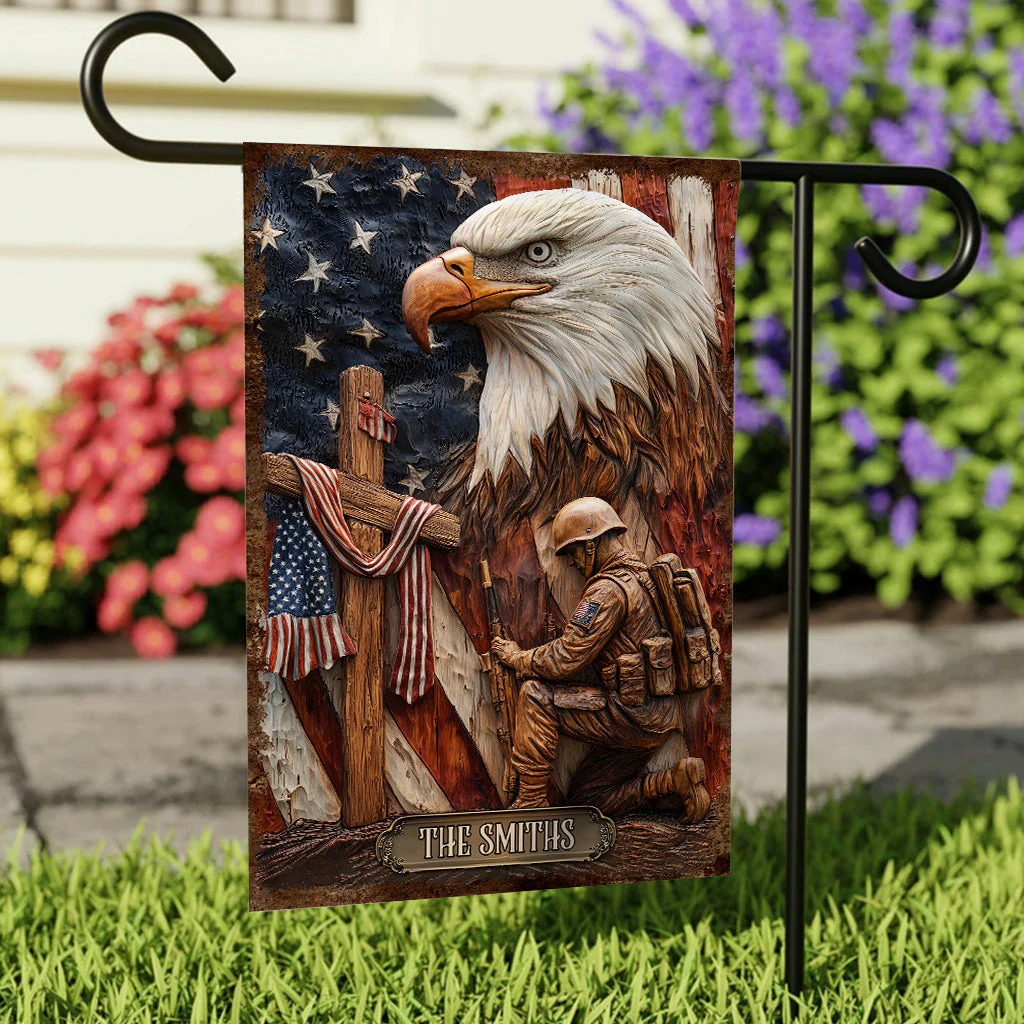 Eagle Kneeling Soldier Christ Cross Flag - Gift For Veteran, Patriotic - Image 2