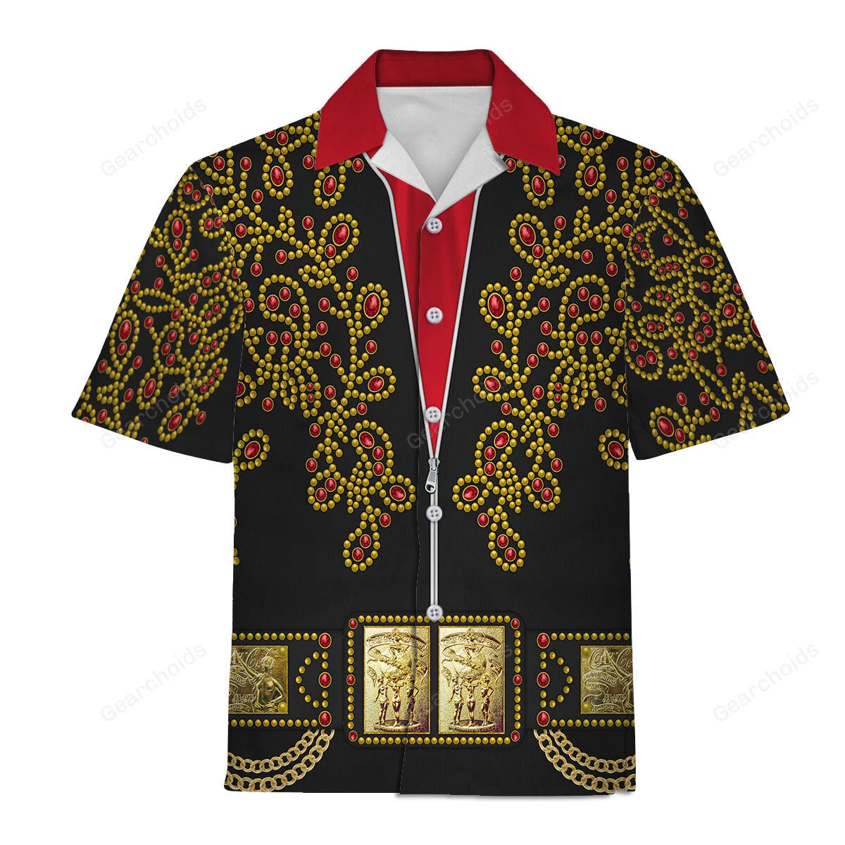 Elvis Spanish Flower Black With Red Stones - Costume Cosplay Hawaiian Shirt CSELV037