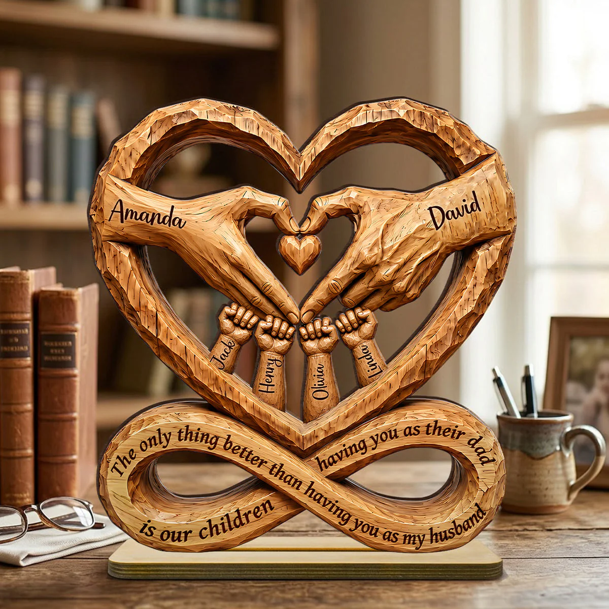 Engraved Family Hands Heart Shaped Keepsake - Personalized Standing Wooden Plaque - Gift For Dad, Grandpa