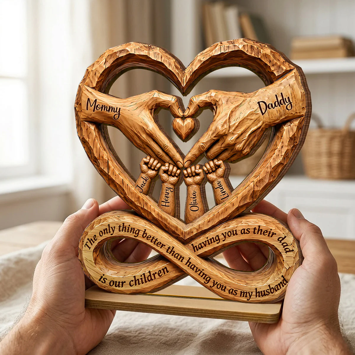 Engraved Family Hands Heart Shaped Keepsake - Personalized Standing Wooden Plaque - Gift For Dad, Grandpa - Image 3