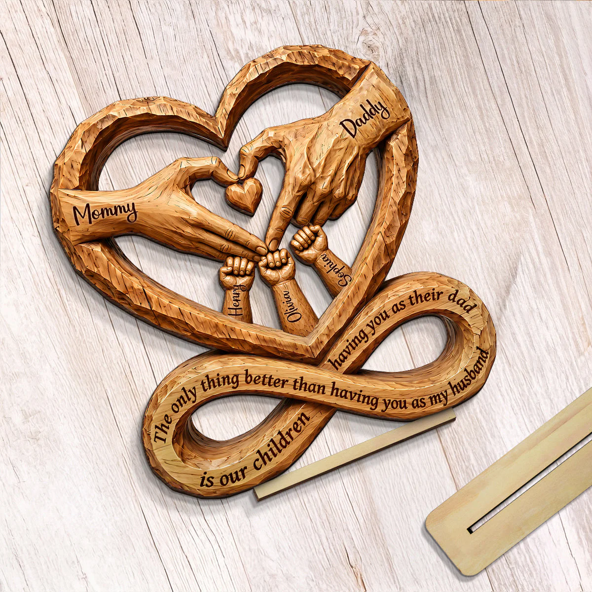Engraved Family Hands Heart Shaped Keepsake - Personalized Standing Wooden Plaque - Gift For Dad, Grandpa - Image 6