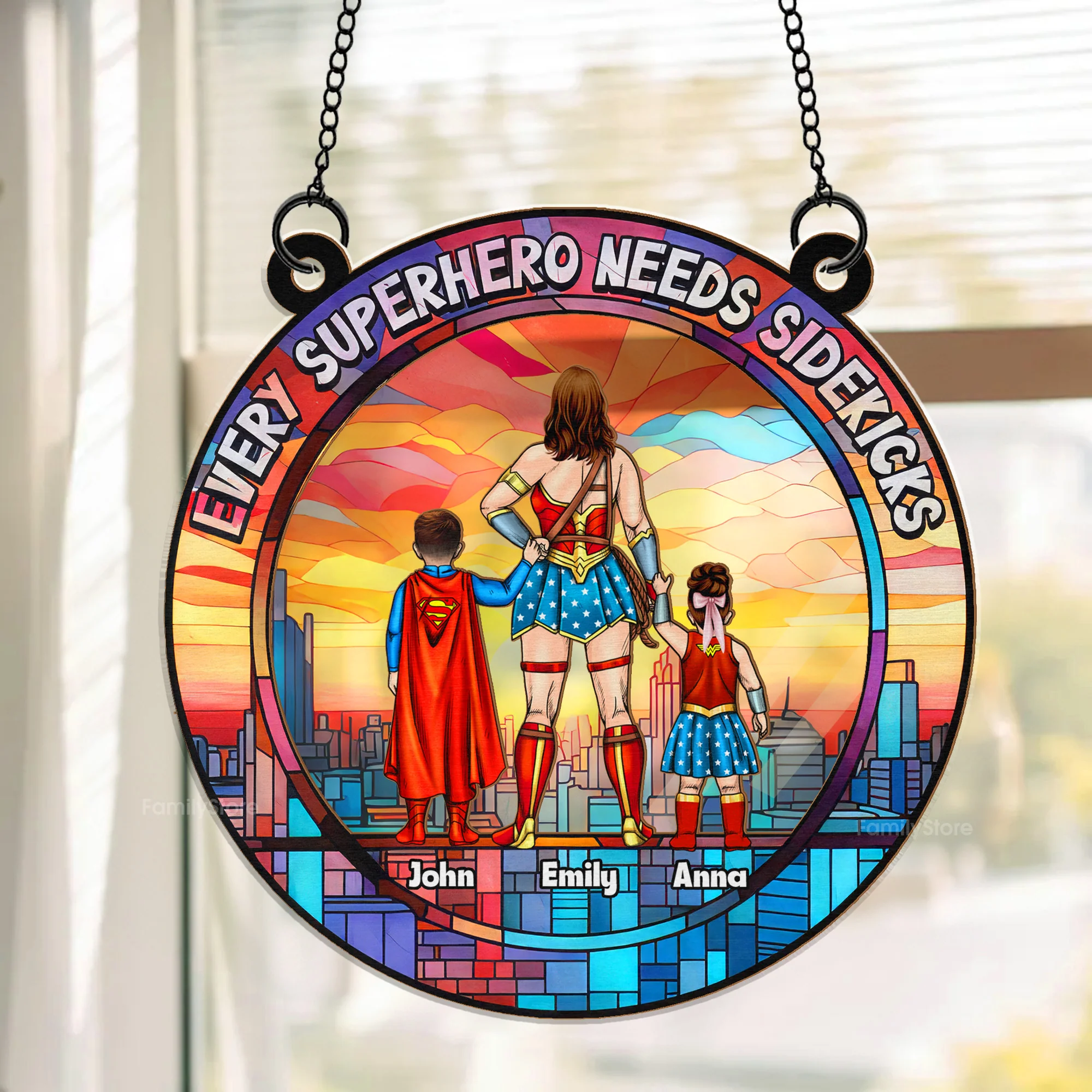Every Superhero Needs A Sidekick - Personalized Window Hanging Suncatcher Ornament - Gift for Mom, Wife | CL02 NH96