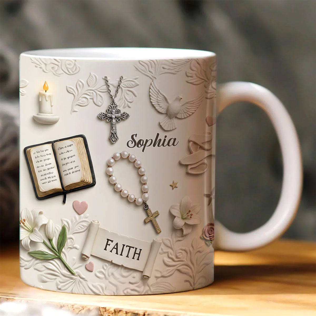 Faith Christian Cross & Rosary - Custom 3D Inflated Effect Personalized Mug - Christian Gift BA01
