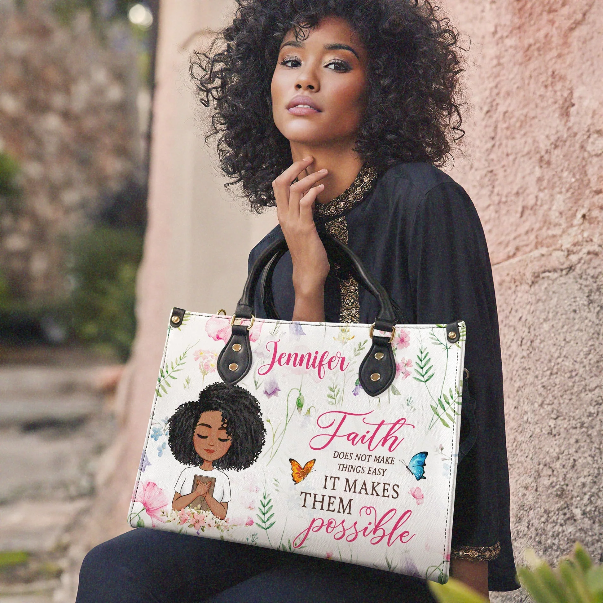 Faith Makes It Possible - Custom Name Floral Leather Handbag - Christian Gift For Her HD95 - Image 2