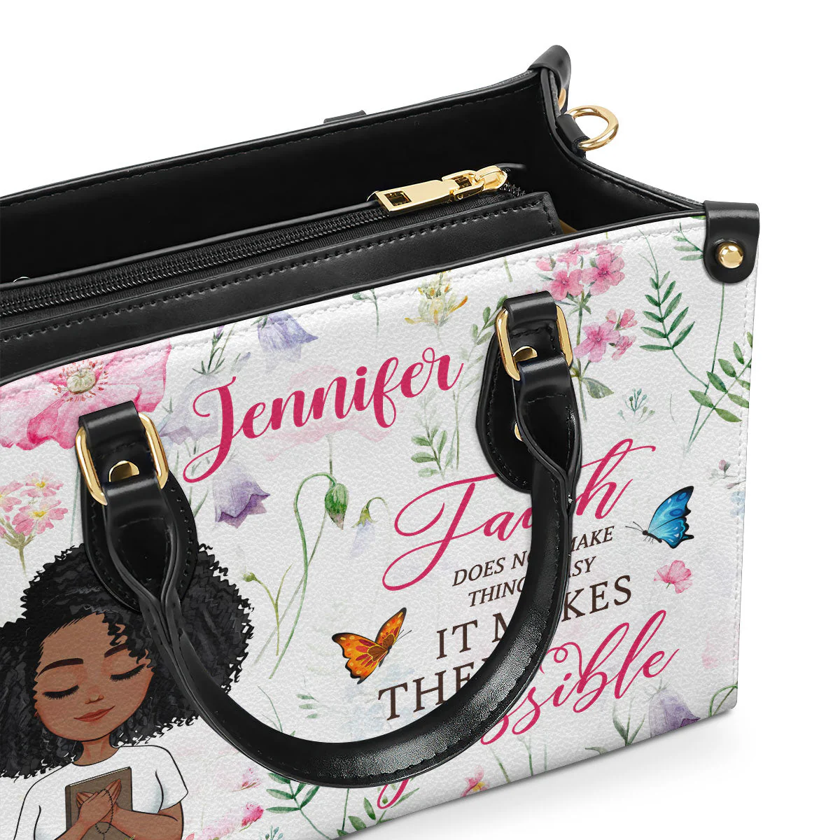 Faith Makes It Possible - Custom Name Floral Leather Handbag - Christian Gift For Her HD95 - Image 3