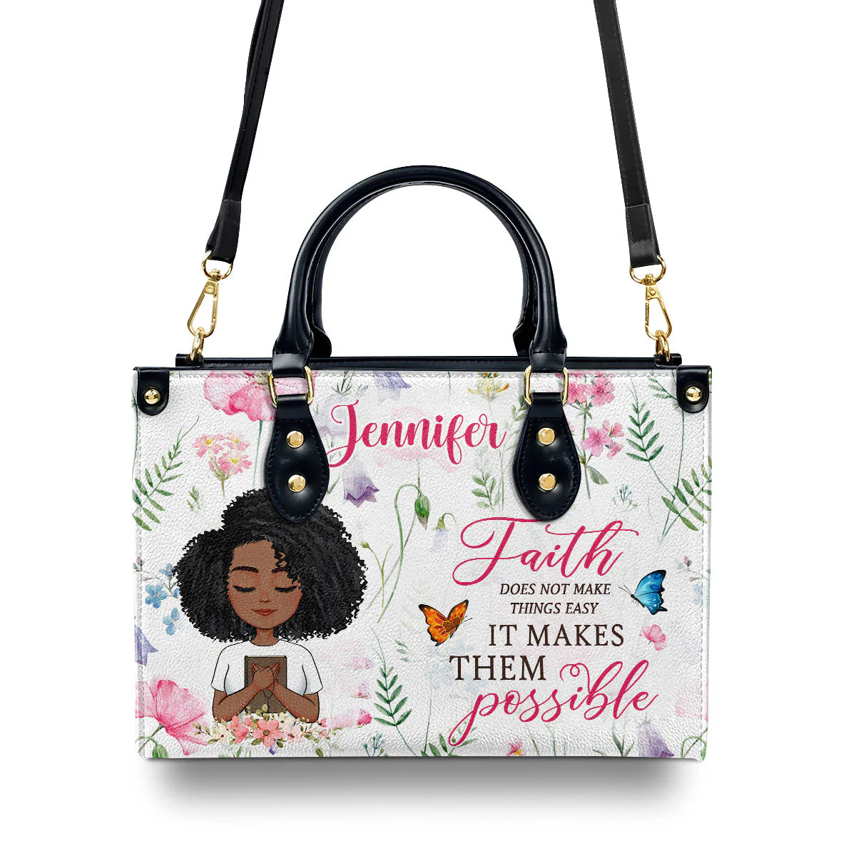 Faith Makes It Possible - Custom Name Floral Leather Handbag - Christian Gift For Her HD95 - Image 4