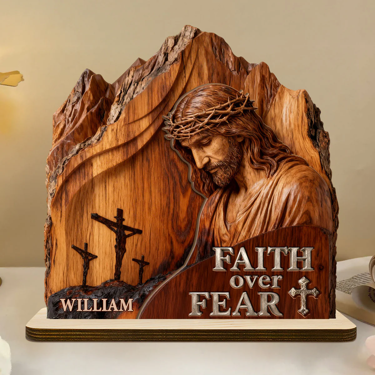 Faith Over Fear - Personalized 2-Layer Wood Plaque - Christian Gift For Him