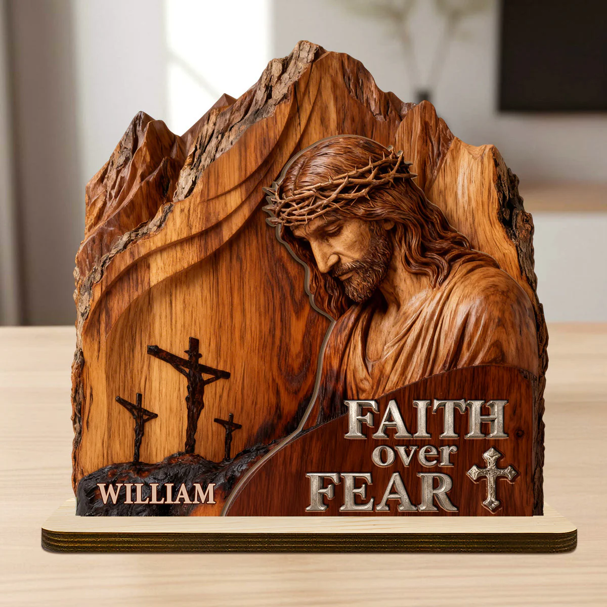Faith Over Fear - Personalized 2-Layer Wood Plaque - Christian Gift For Him - Image 5