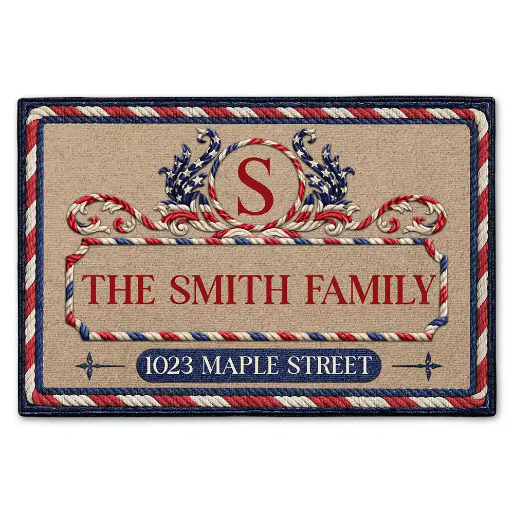 Family Monogram With Address Stars & Stripes - Personalized Doormat - Image 2