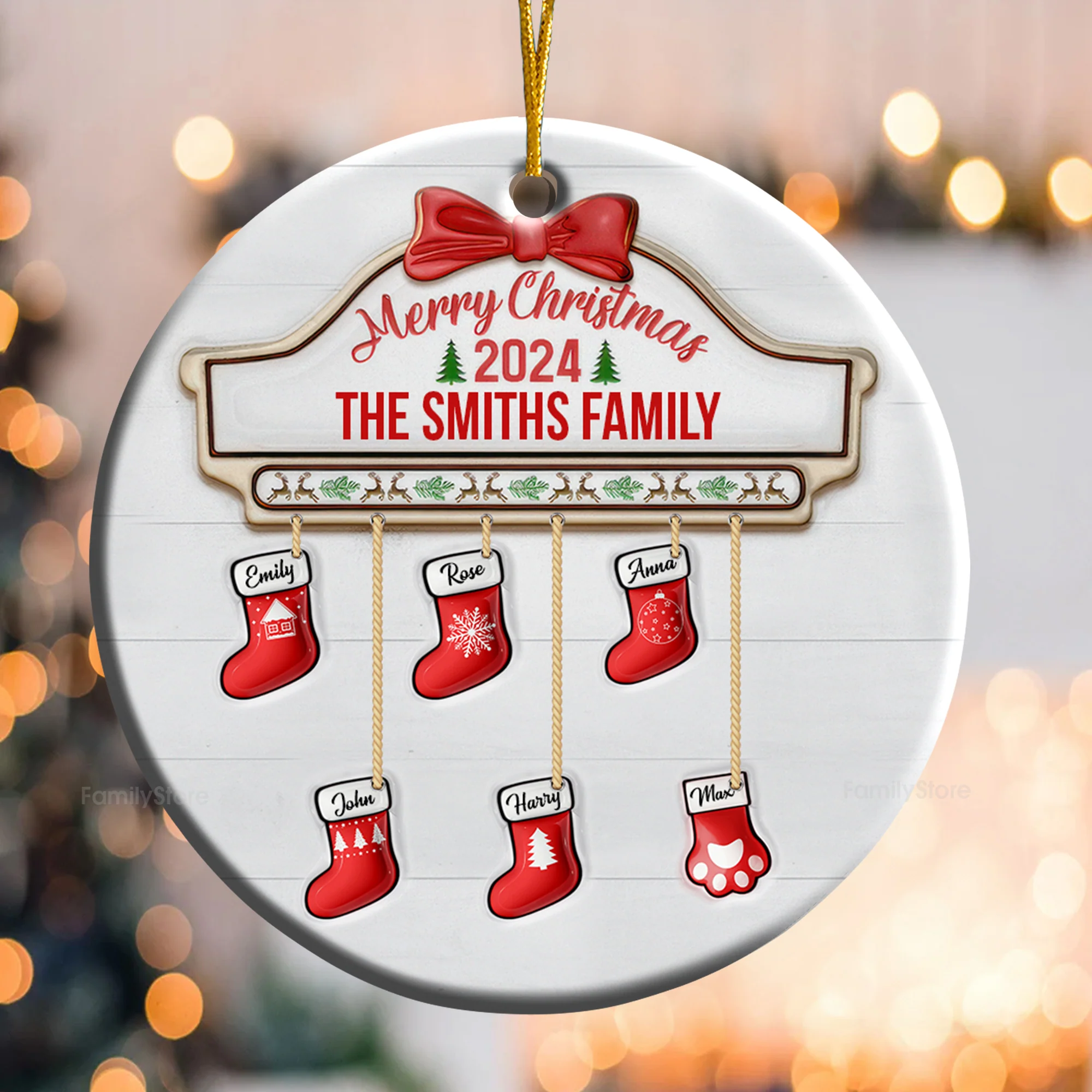 Family Red Sock Stocking Merry Christmas 2024 - Gift For Family - Personalized Ceramic Ornament - NA94 - Image 2