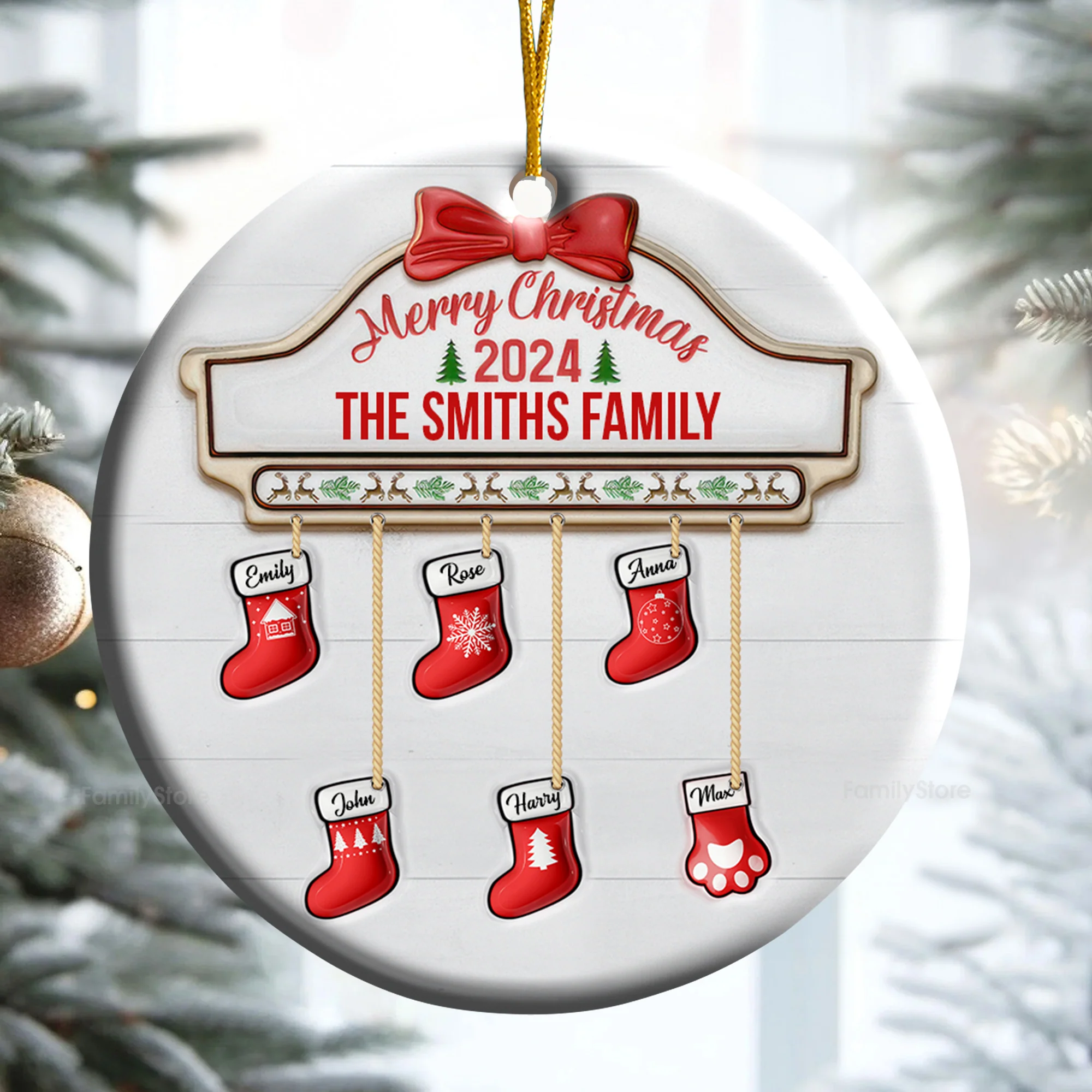 Family Red Sock Stocking Merry Christmas 2024 - Gift For Family - Personalized Ceramic Ornament - NA94 - Image 3