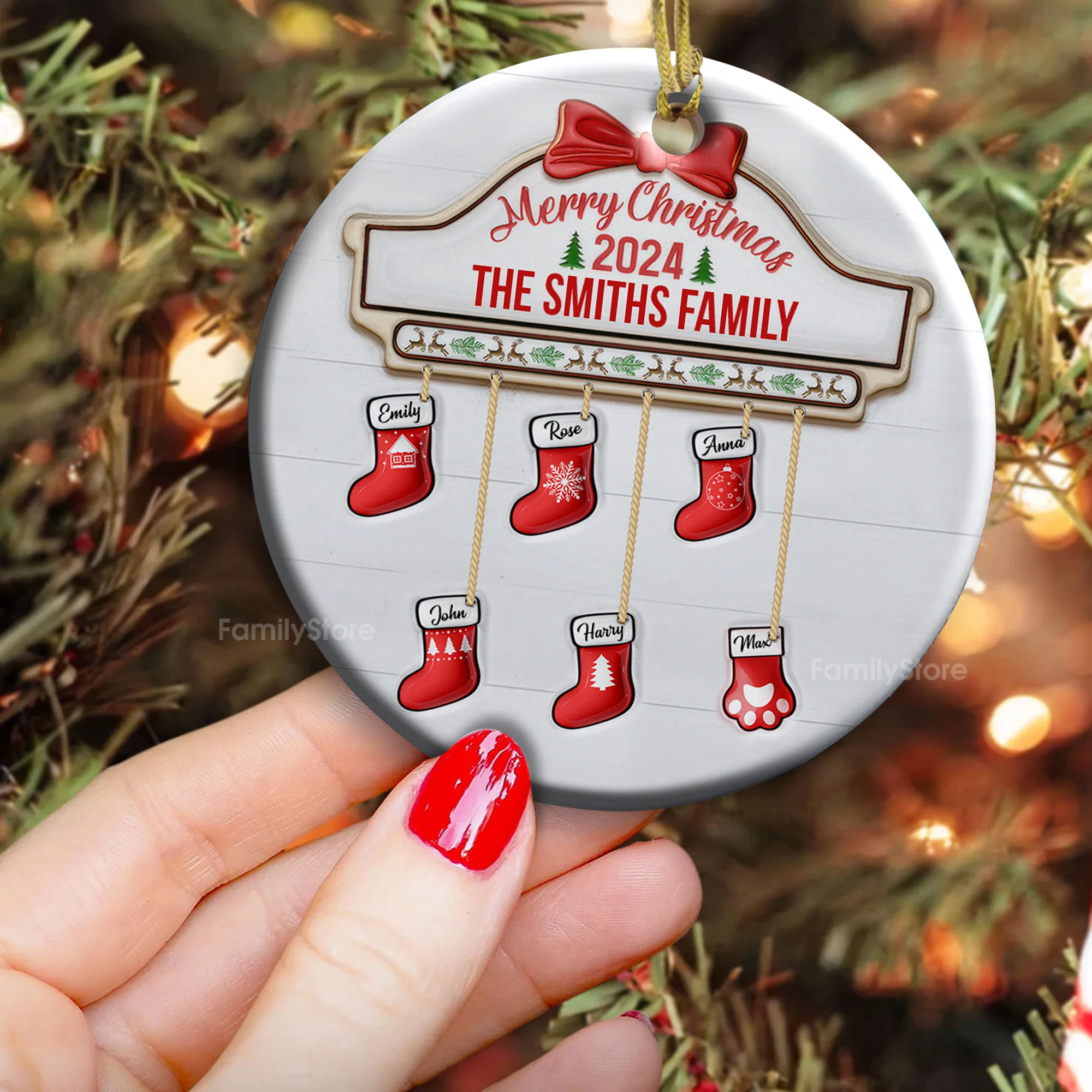 Family Red Sock Stocking Merry Christmas 2024 - Gift For Family - Personalized Ceramic Ornament - NA94 - Image 4