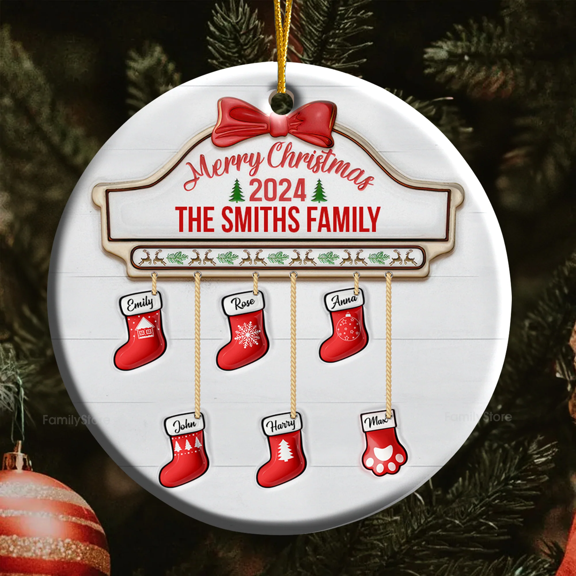 Family Red Sock Stocking Merry Christmas 2024 - Gift For Family - Personalized Ceramic Ornament - NA94 - Image 5