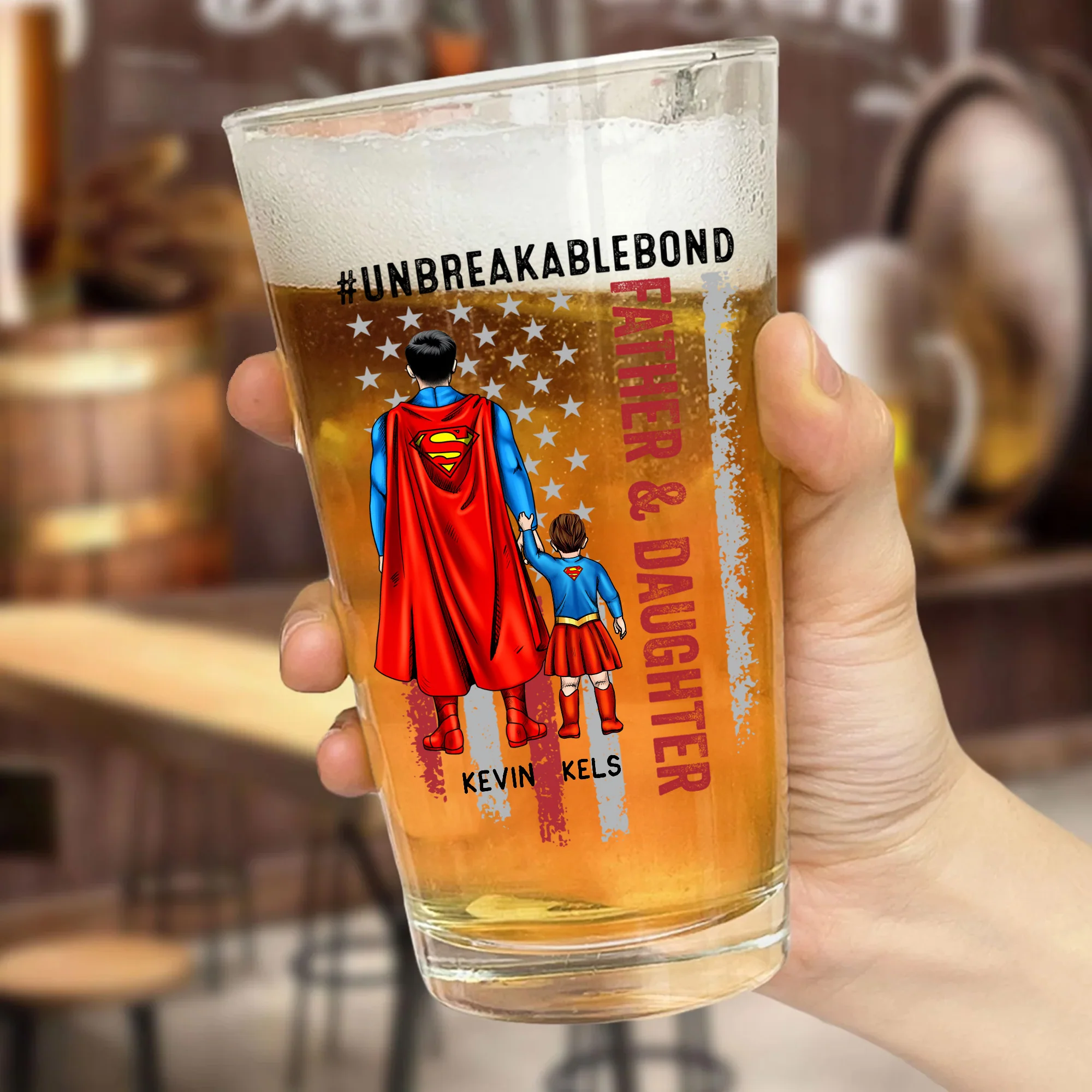 Super Dad America Father & Daughter Unbreakable Bond - Personalized Beer Glass - Gift For Dad - Image 3