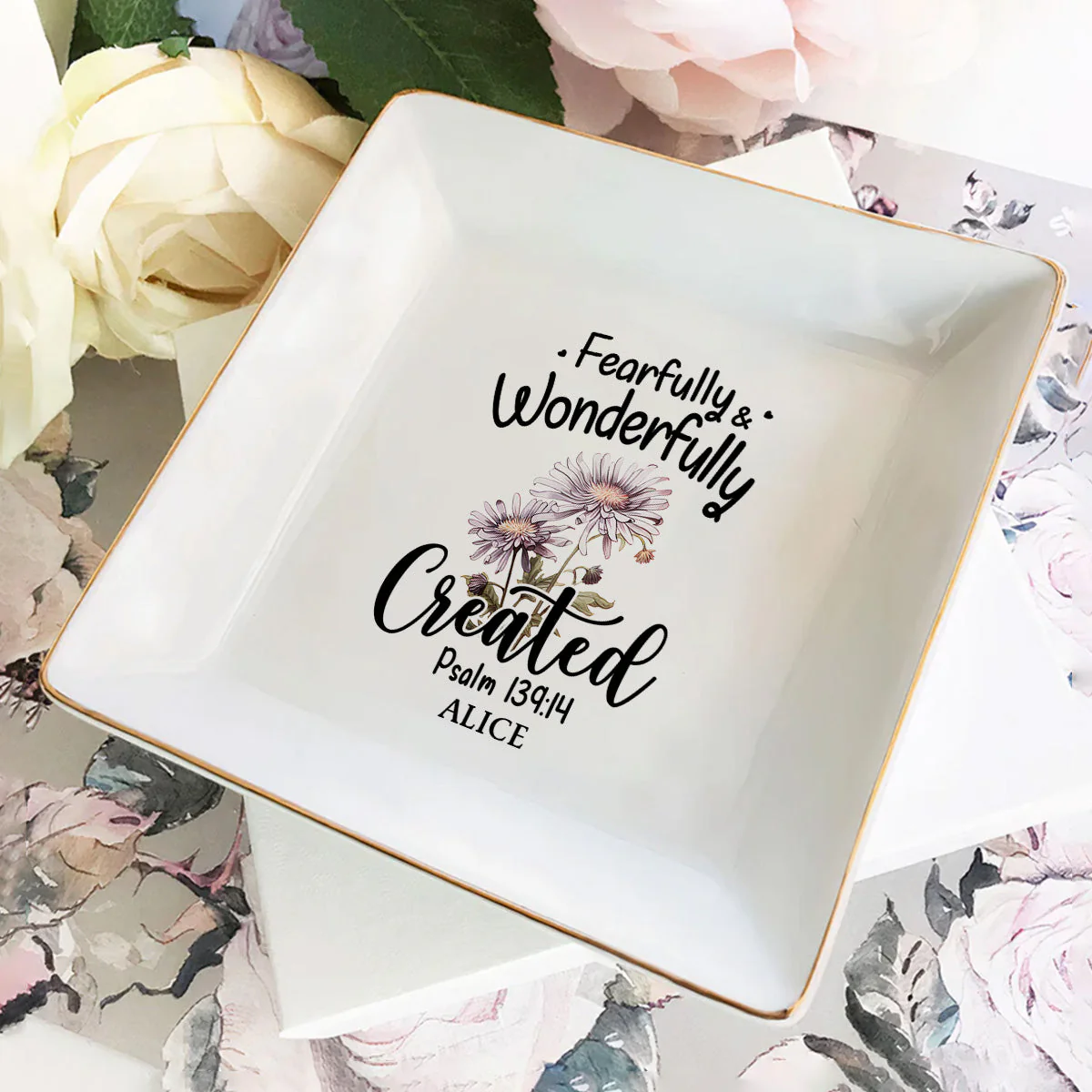 Fearfully and Wonderfully Created Psalm 139:14 Birth Month Flower - Personalized Jewelry Dish - Gift For Grandma, Mom, Girlfriend, Wife, Bestie, Sister NH96 - Image 2