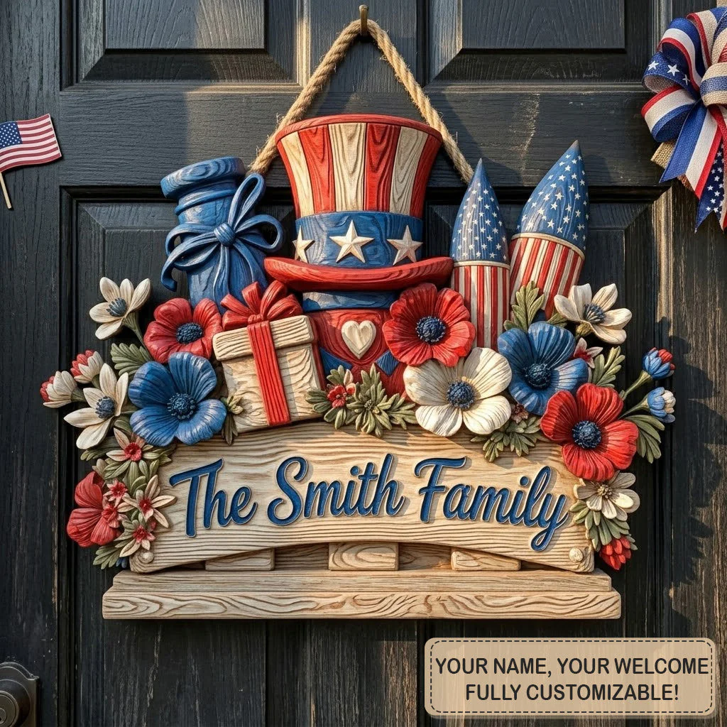 Festive Liberty Hat - Custom Wood Sign - Personalized America 250th Anniversary Patriotic Gifts For Mom, Dad, Brother, Sister, Kids