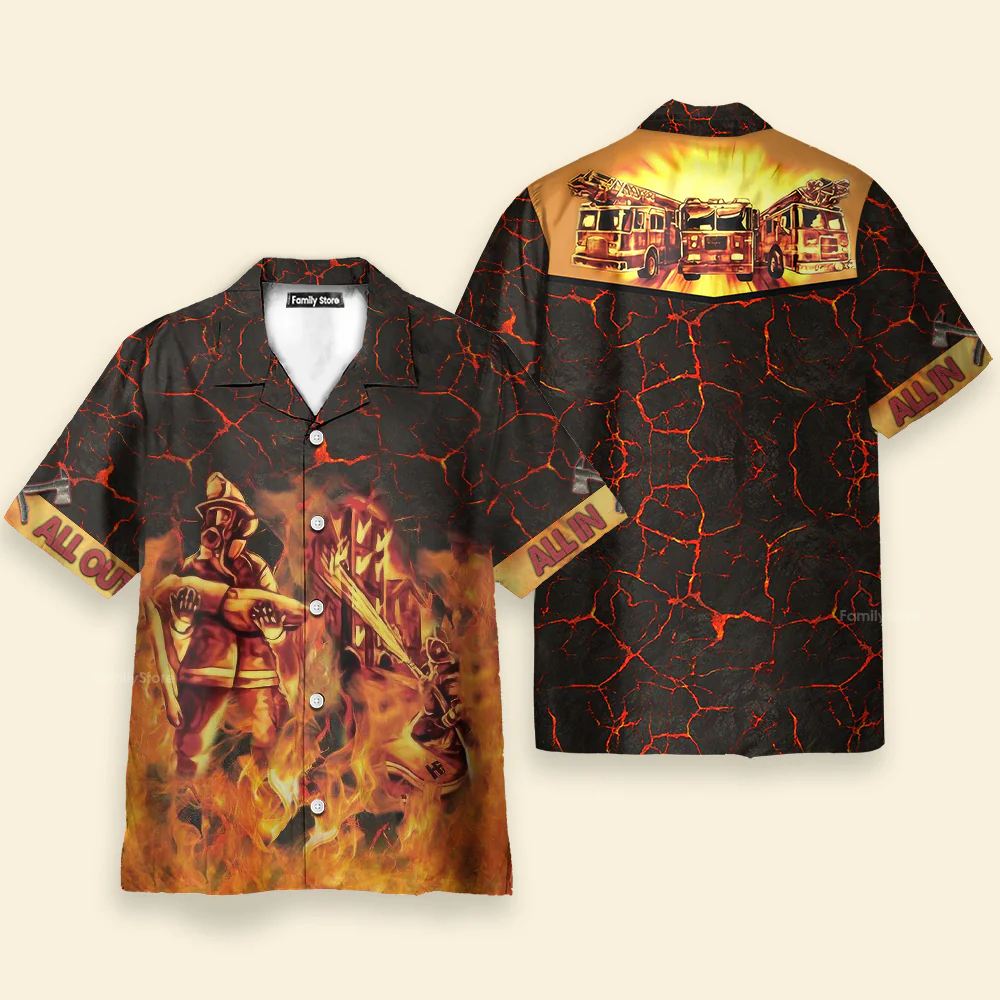 Fire Truck On Flame Firefighter Hawaiian Shirt For Men - Image 2