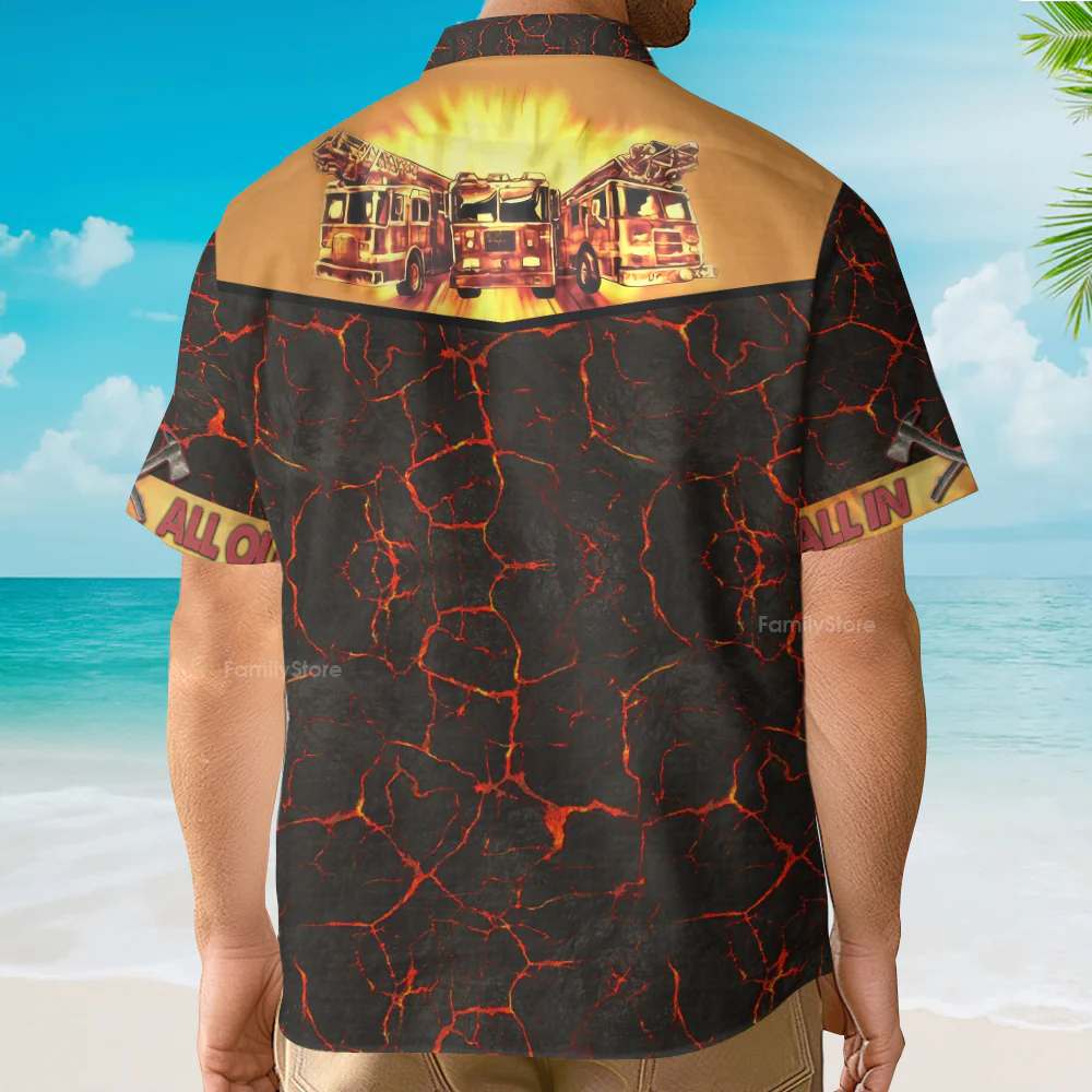 Fire Truck On Flame Firefighter Hawaiian Shirt For Men - Image 3