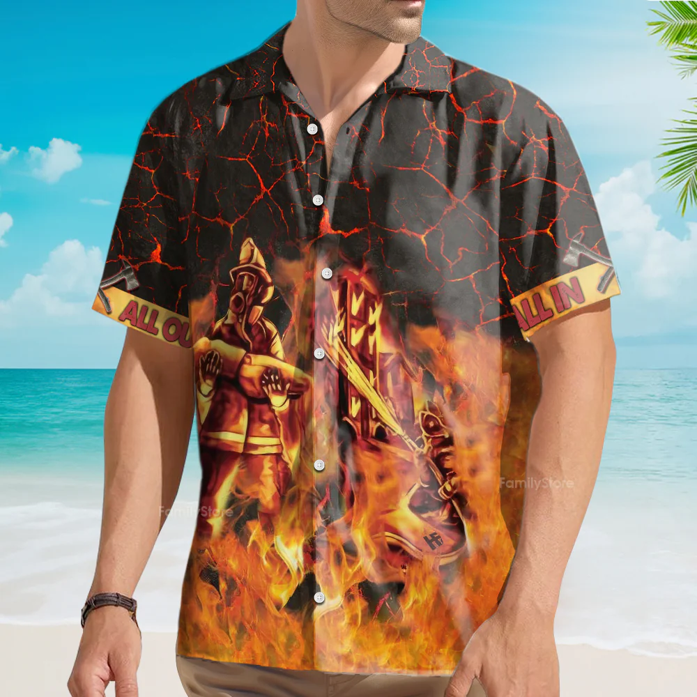 Fire Truck On Flame Firefighter Hawaiian Shirt For Men - Image 4