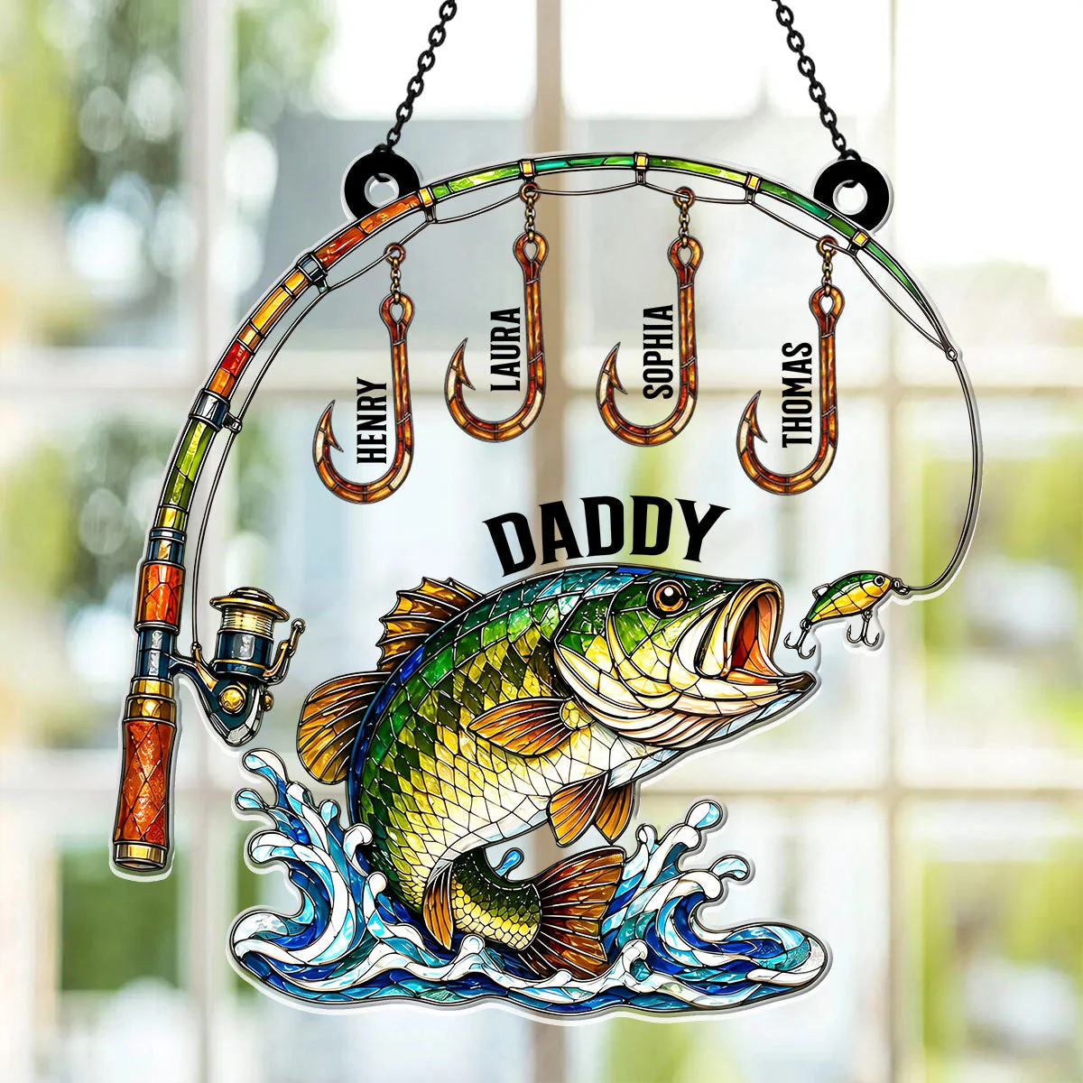 Fishing Daddy With Kids Names - Personalized Window Hanging Acrylic Suncatcher - Gift For Dad, Fishing Lover - Image 3