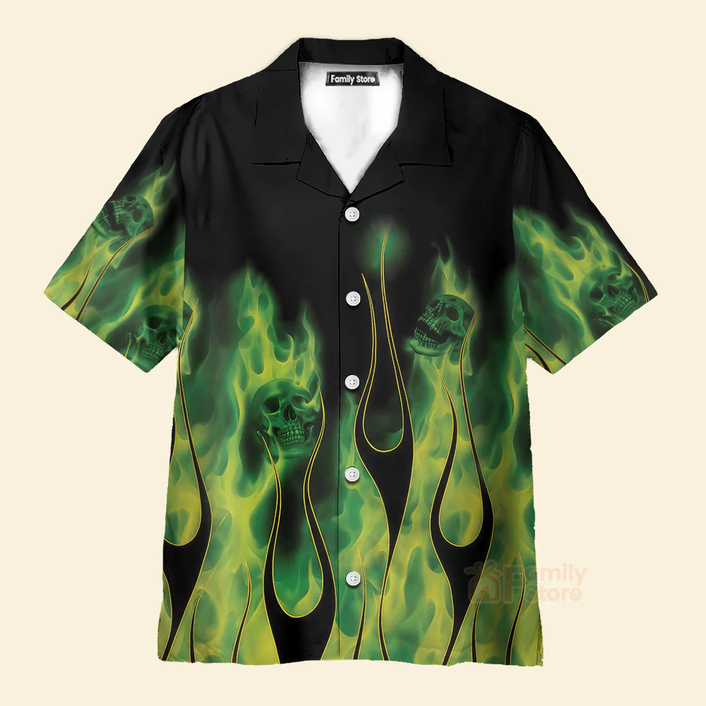 Green Flame Skull Flame - Chest Pocket Short Sleeve Hawaiian Shirt