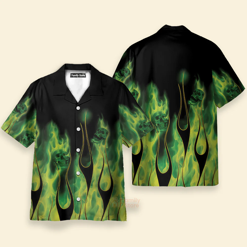 Green Flame Skull Flame - Chest Pocket Short Sleeve Hawaiian Shirt - Image 2